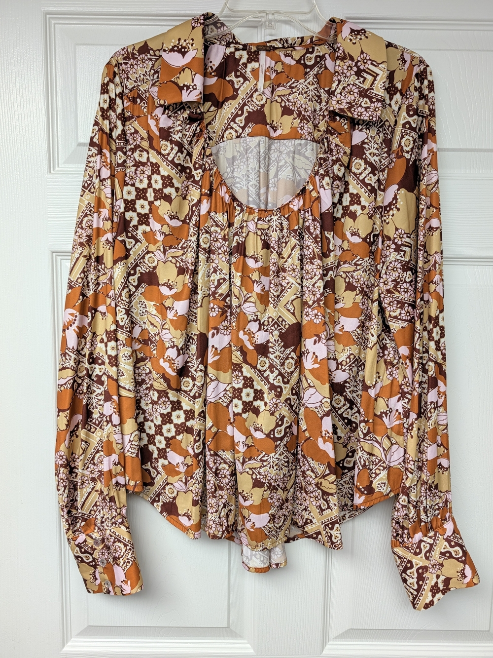 Free People Floral Patchwork Peasant Blouse in Brown, Orange & Pink